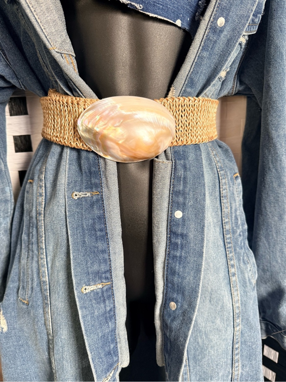 Vintage Tropical Shell World Natural Shell Woven Belt - Large